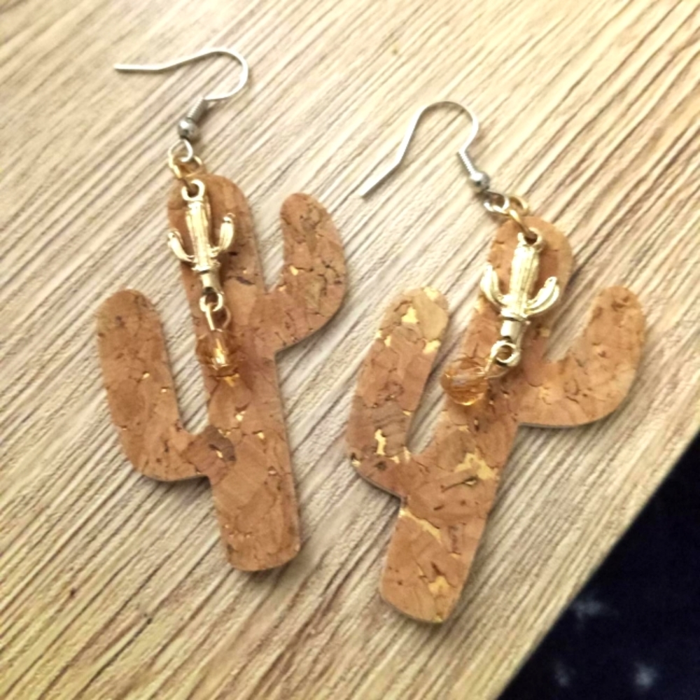 New sterling silver Cork cactus boho statement earrings drop earrings handmade